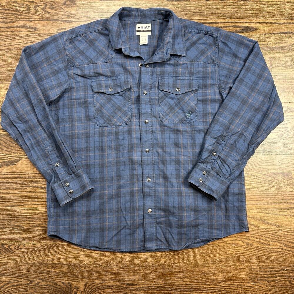Ariat Retro Fitted Shirt Mens XL Blue Plaid Flannel Snap Button Long Sleeve